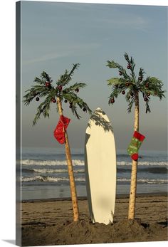 two palm trees and a surfboard on the beach with santa's stockings hanging from them