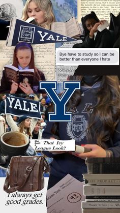 the collage shows many different types of papers and books, including one with an y on it