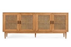 the sideboard with wicker doors is shown in light wood and has four drawers