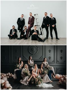 wedding party posing for photos in front of wall and ladder with balloons on the floor