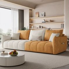 a living room filled with furniture next to a large glass window and a white coffee table