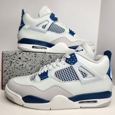 Air Jordan 4 Retro Size 12 Men Off White/Military Blue Sku: Fv5029-141 100% Authentic Brand New With Box (Box Is Missing Lid) Any Questions? Make Sure To Ask Price Firm Jordan 4s Navy Blue, Cute Shoes Dunks, Blue Jordans 4s, Good Shoes For School, Blue Jordan 4’s, Jordan 4s Blue, Jordan 4 Bleu, Air Jordan 4 Retro Blue, Shoes To Get