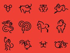 twelve zodiac signs drawn in black on a red background