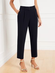 Our ankle length pant is the perfect mix of work and play. Made from light easy-to-pack and easy-care, wrinkle-resistant fabric. Hello, comfort and style. Features Pleated and creased front Hits At Waist Ankle Length Fly front with button closure Front angled slip, Back welt pockets Imported Fit: Misses: 27"; Petite: 24 1/2" Plus: 27"; Plus Petite: 26" Material: Shell : 69% Triacetate, 31% Polyester; Lining : 100% Polyester Care: Machine Wash Cold, Gentle Cycle; Only Non-Chlorine Bleach When Nee Ankle Pants Women, Sleeveless Blazer, Classic Style Women, Easy Travel, Ankle Length Pants, Ankle Pants, Indigo Blue, Work Fashion, Welt Pockets