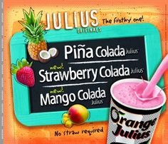 an advertisement for a juice drink with the names of different flavors and colors on it