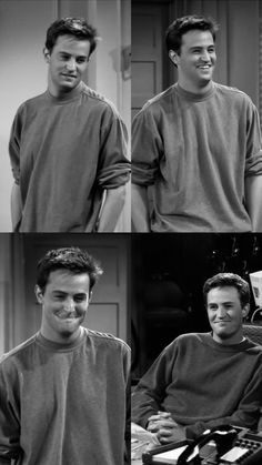 four different pictures of two men in grey shirts and one is smiling at the camera