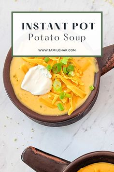 two bowls of instant pot potato soup with sour cream and green onion garnish