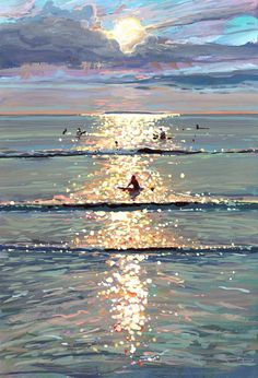 a painting of surfers in the ocean at sunset with sun reflecting off the water