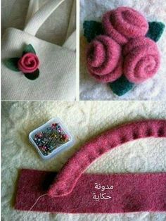 three pictures of different items made out of felt and yarn, one with flowers on it