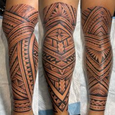 two leg tattoos with different designs on them, one is black and grey the other is brown