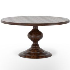 a round wooden table with an oval base and wood grained top, on a white background