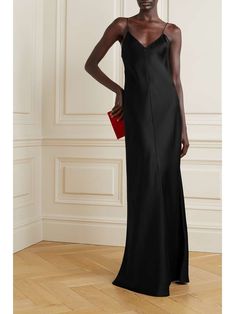 THE ROW Guinevere silk-satin maxi dress | NET-A-PORTER Fall 2022 Capsule Wardrobe, Winter Cocktail, Leather Sweater, Black Silk Dress, Satin Maxi, Satin Maxi Dress, Black Slip Ons, Event Dresses, Minimal Fashion