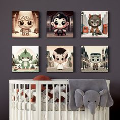 a baby's room with pictures on the wall and an elephant in the crib