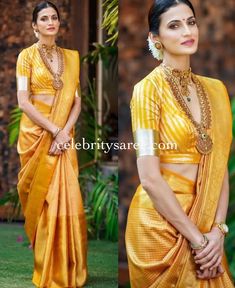 Shilpa Reddy in mustard color handloom silk sarees Striped Blouse Designs, Saree Inspiration, Keep Me Stylish, Saree Blouse Styles, Latest Bridal Blouse Designs, Saree Wearing