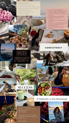 a collage of photos with the words god first and pictures of people eating food