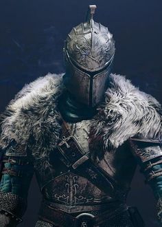 a close up of a person wearing a suit of armor with fur on it's shoulders