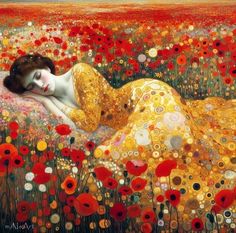 a painting of a woman laying on top of a field with red and yellow flowers