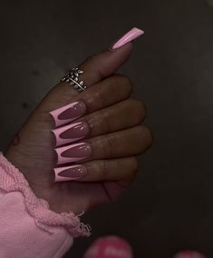 Brats Inspired Nails, Pink Base Nails With Design, Medium Long Nail Designs, Light Pink Tip Nails, Pink 90s Nails, Different Shape Nails, Pretty Pink Nails Acrylic, Simple Long Nail Designs, Pink And Black Nails Acrylic