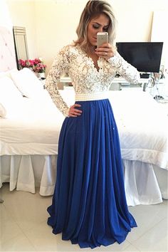 Royal Blue  Lace V Neck Popular Evening Dress with Long Sleeve Pearl Belt Long Prom Dresses Myriam Fares, Refrigerator Accessories, Blue Evening Gowns, Princess Prom Dresses, Prom Dresses 2016, Modest Prom, Dresses Princess, Royal Blue Prom Dresses, Dress Modest