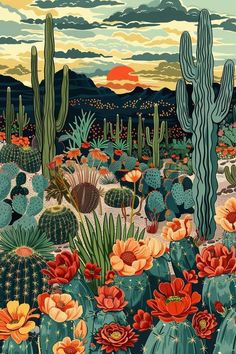 a painting of cactus plants and flowers in the desert