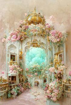 this is a painting of an ornate room with flowers