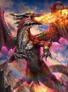 a red dragon is flying through the air with fire coming out of it's mouth