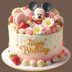 a birthday cake decorated with minnie mouse and flowers