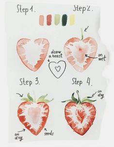 the steps in how to draw strawberries with markers and watercolors are shown