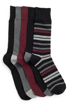 Amp up your sock came with this pack of crew lengths that come in an assortment of colors and feature targeted reinforcement at the toe and heel. Pack of five assorted pairs Polyester/cotton/nylon/spandex Machine wash, tumble dry Imported Black No-show Casual Socks, Mens Dress Socks Nordstrom, Men's Dress Socks Gray, Men’s Dress Socks, Fade-resistant Black Sports Socks, Man Clothing, Dress Socks, Wine Colored, Colorful Socks