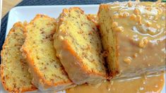 slices of pound cake on a plate with caramel glaze