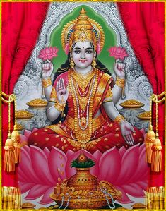 the hindu god sitting on top of a lotus flower in front of a red curtain