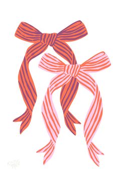 an orange and pink striped bow on top of another red and white stripe ribbon tied to each other