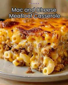 macaroni and cheese meatloaf casserole on a plate with text overlay