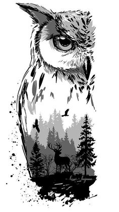 an owl with trees in the background and birds flying around it's head,