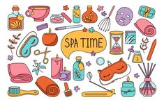 the word spa time surrounded by various items such as candles, soaps and other things