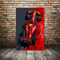 a painting of a red race car on a brick wall in front of a wooden floor