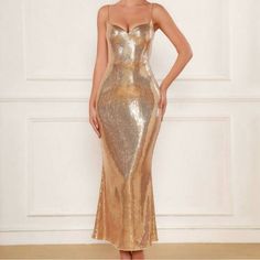 Elegant And Sophisticated Champagne Gold, Long Length, Sequined, Spaghetti Straps Cocktail Evening Dress!. New With Tags, Size 8-10 Large. Petite Figure. . Stretchable Material. Gold Dress Sparkle, Mom Of Bride, Glamorous Evening Dresses, New Years Eve Outfit, Dress Sparkle, Gold Maxi Dress, Dresses Boutique, Birthday Dinner Party, Golden Dress