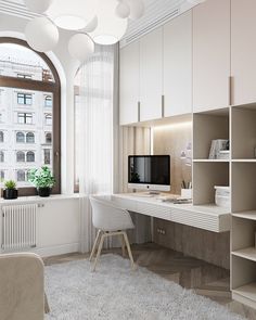 a room with a desk, chair and bookshelf in front of a window