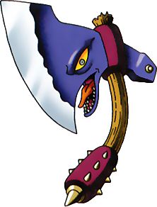 an image of a cartoon character holding a large knife with sharp teeth on it's head