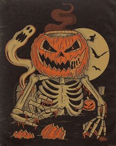 an old fashioned halloween card with a skeleton and pumpkin