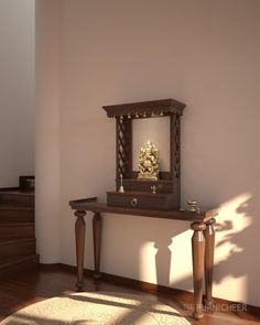 a wooden shelf with a clock on top of it next to a stair case in a room