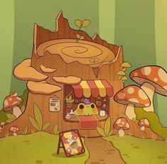 an image of a mushroom house in the woods with mushrooms growing out of it's roof