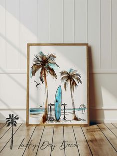 a surfboard and palm trees on a wooden floor