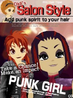 an advertisement for salon style featuring two girls with red hair and black clothes, one is looking at the camera