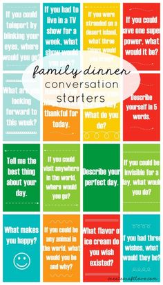 a colorful poster with the words family - time conversation starter written in different colors and phrases