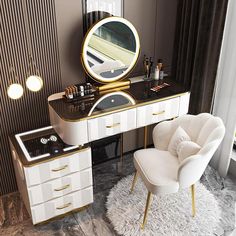 a white chair sitting in front of a mirror on top of a table next to a vanity