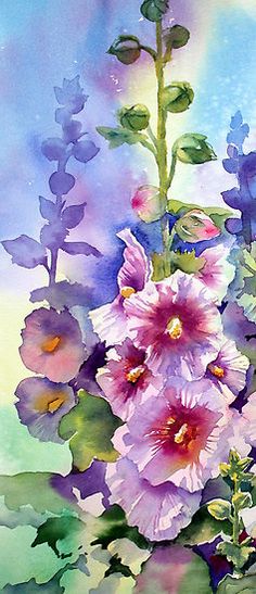 a watercolor painting of purple flowers on a white background