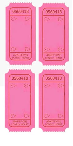 four pink tickets with the words admit to lovely heart on them, and one ticket for