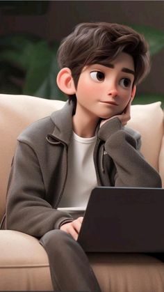 a boy sitting on a couch looking at a laptop