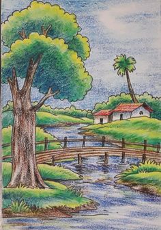 a drawing of a bridge over a river with houses on the other side and trees in the background